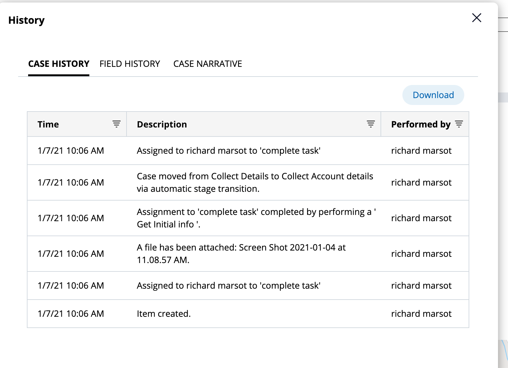 Export to Excel for field level audit hsitory Support Center